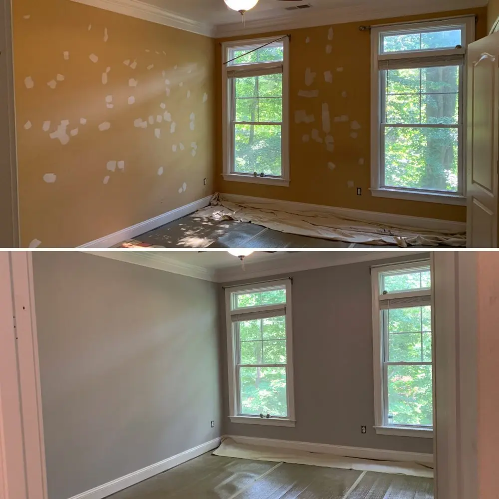 Before and after: patched yellow bedroom walls repainted in soft grey